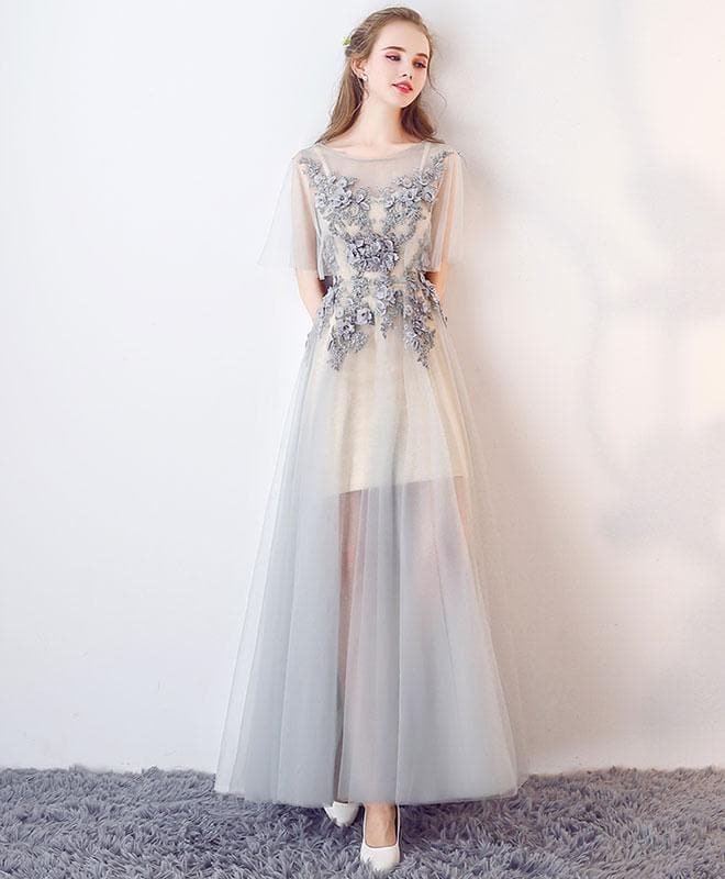 Elegant A-Line Round Neck Tulle Lace Applique Long Prom Dresses