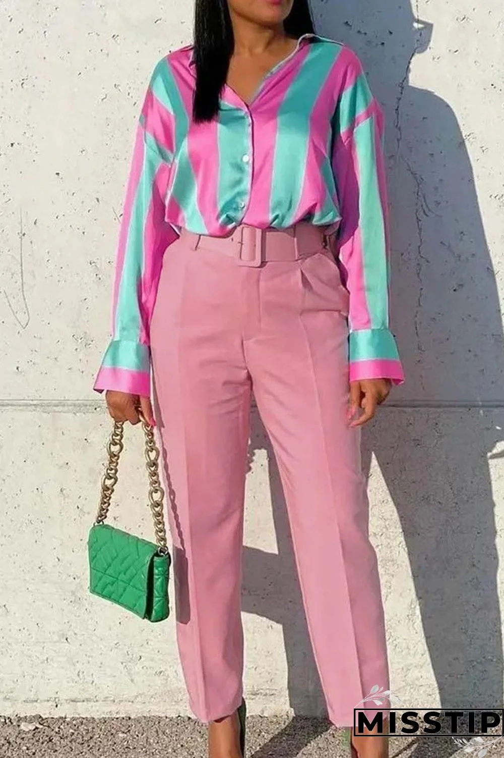 Pink Casual Solid Patchwork With Belt Regular High Waist Conventional Solid Color Trousers