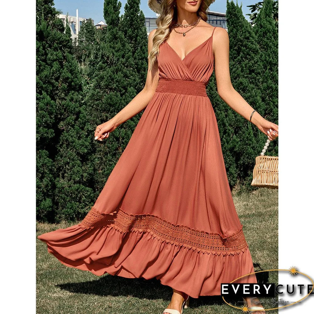 Orange Maxi Dress Slim Fit V Neck Maxi Dress