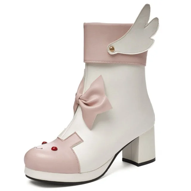 Pink/Black/White Plus Size Cute Rabbit Bowknot Wing Platform High Heels Boots BE510