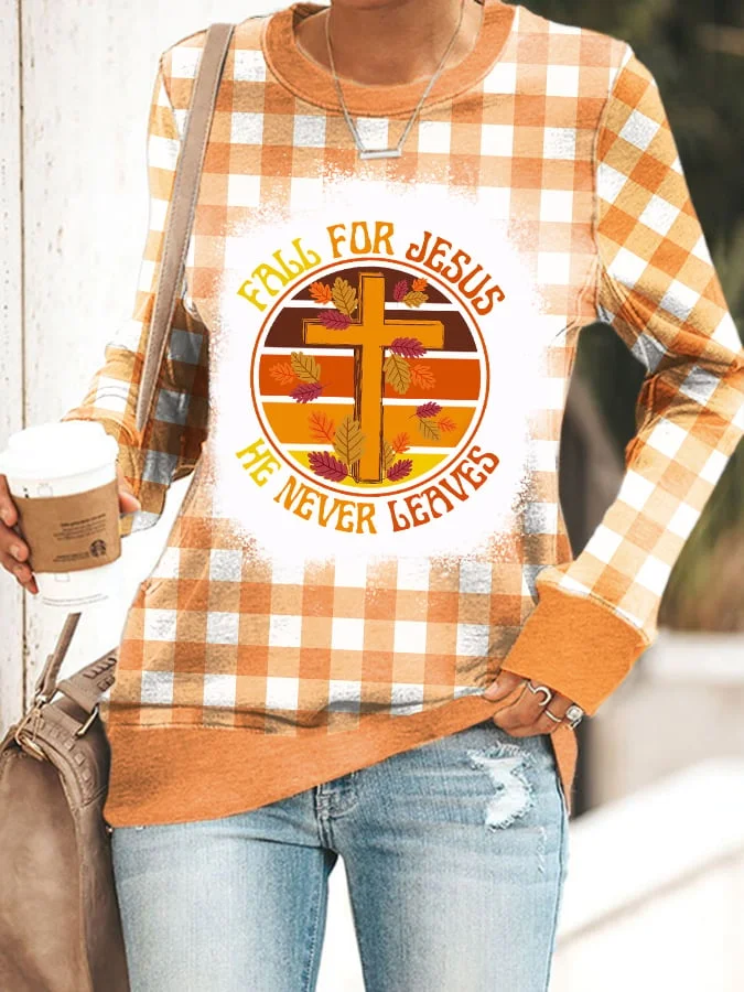 Women's Fall For Jesus He Never Leaves Thanksgiving Plaid Print Sweatshirt