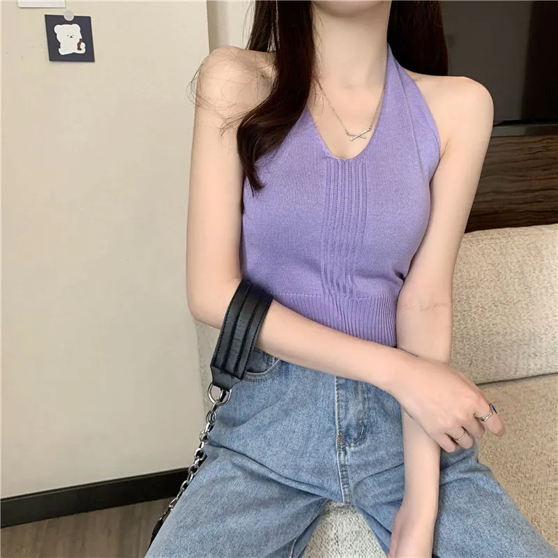 Uveng Uveng Club Bundy Sling Female Summer New Solid Color Hanging Neck Vest Hottie Style Sexy Short V Sleeveless Top
