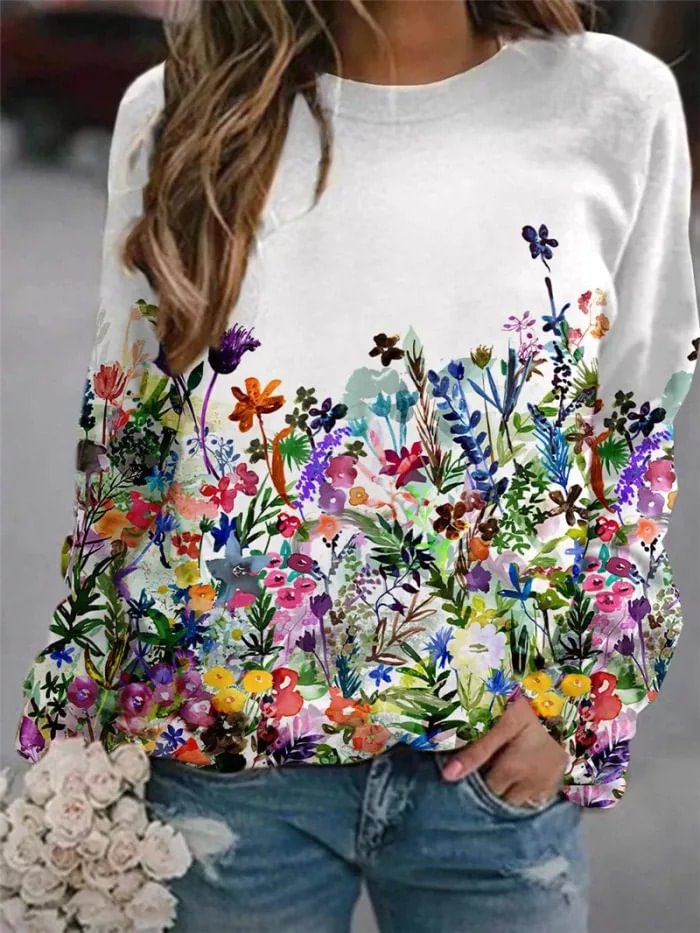 Women's Vintage Colorful Floral Printed Crew Neck Long Sleeve Loose Sweatshirts