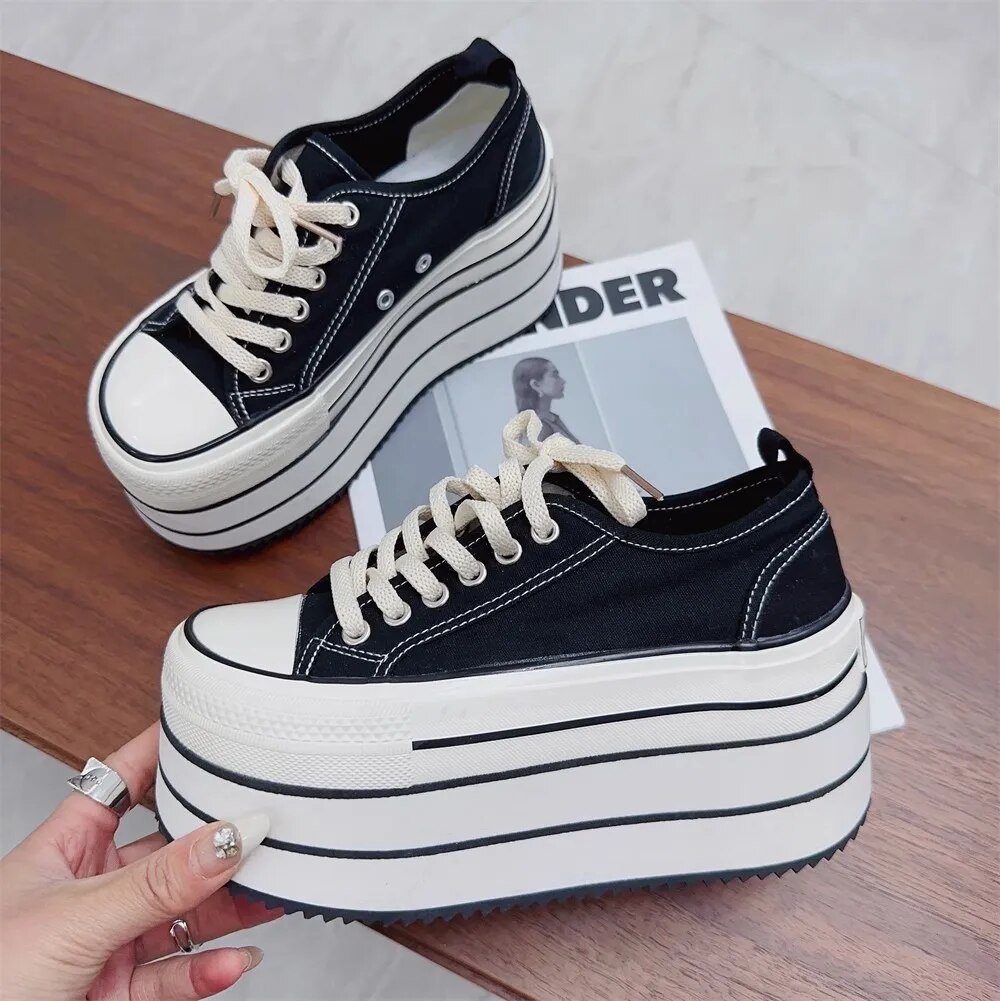 VCshoes Women White Canvas Shoes Woman High Thick Wedges Heels Pumps Lady Dress Party Shoes Round Toe 32-47 Stripe Splicing