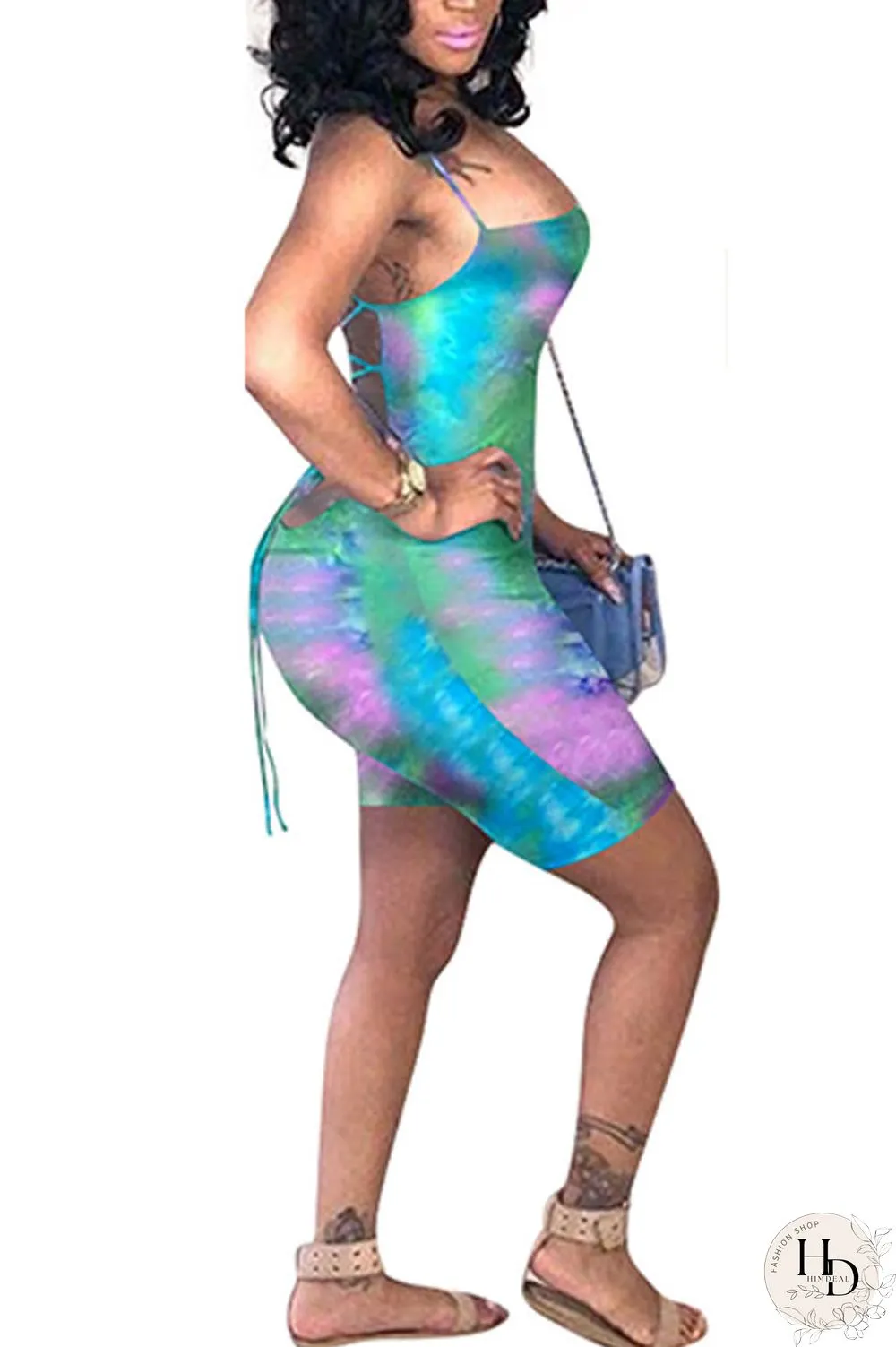 Green Fashion Sexy Coloured drawing Backless Polyester Sleeveless Slip Jumpsuits