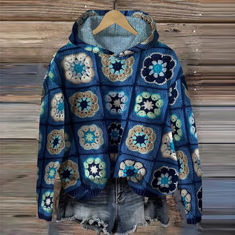 VChics Crochet Blanket Print Hooded Sweater