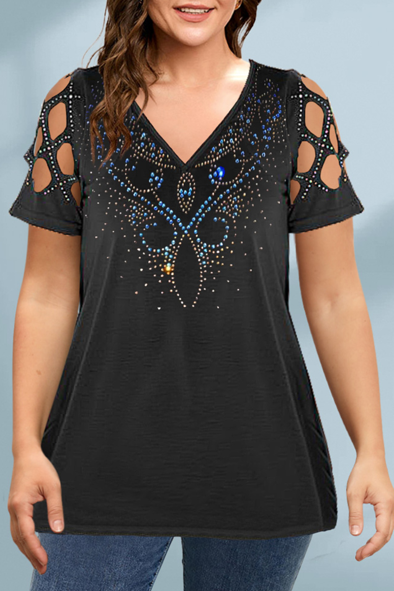 Flycurvy Plus Size Casual Black Sequin Hollow Out V Neck Blouse