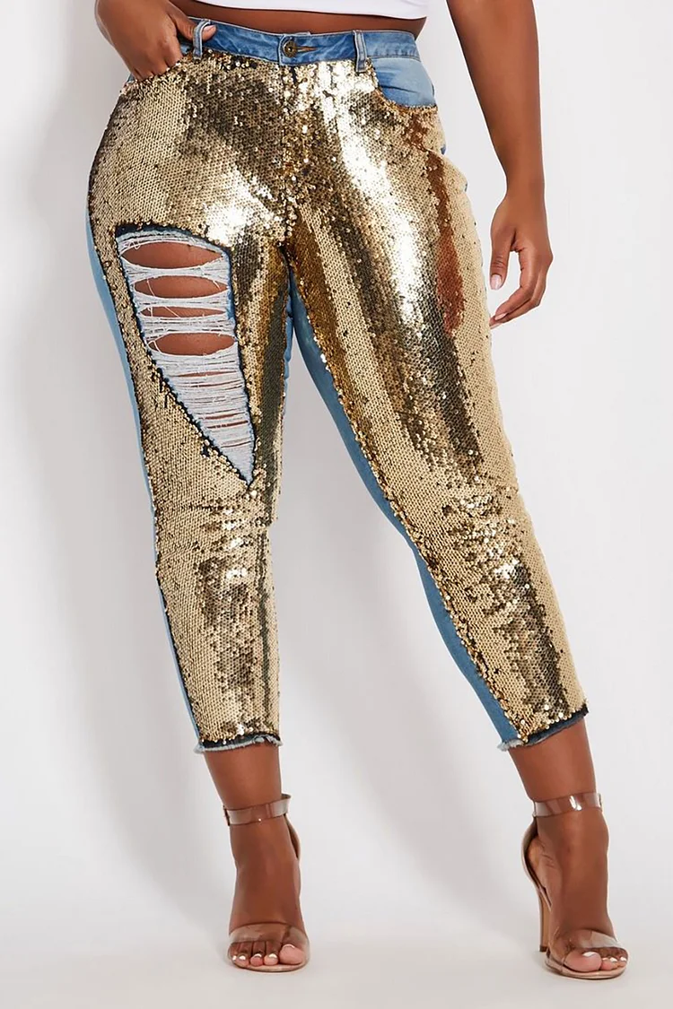 Plus Size Party Jean Gold Ripped Sequin Denim Jean [Pre-Order]