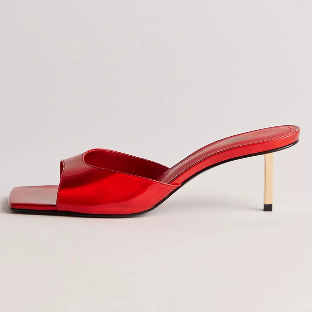 Simple Red Patent Leather Stiletto Heel Open-Toe Slide Sandals