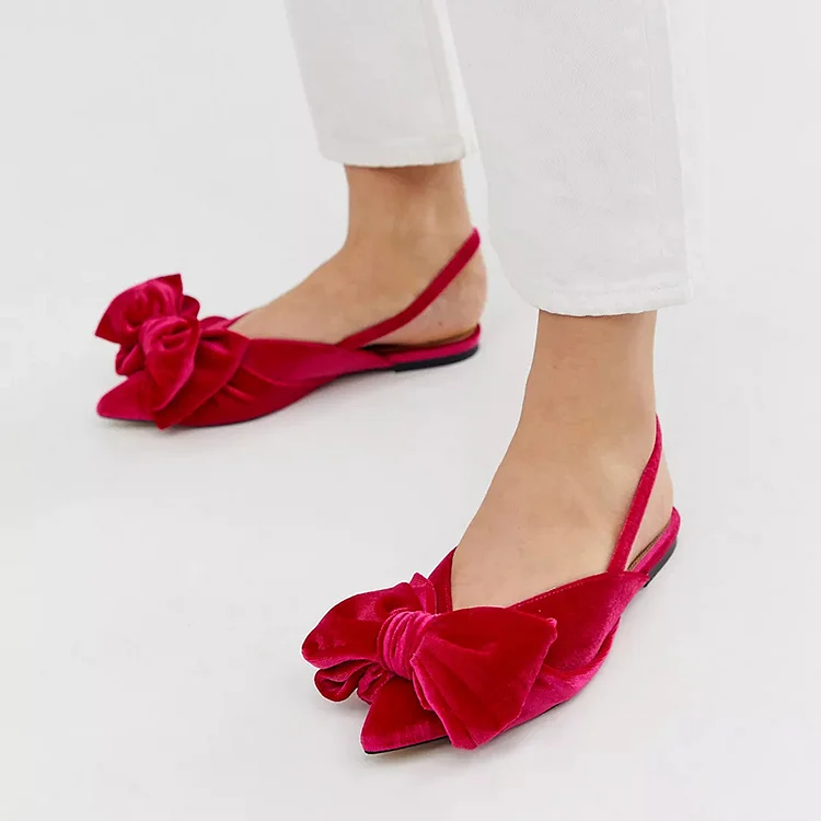 Dark Hot Pink Velvet Slingback Shoes Pointed Toe Flats with Bow |FSJ Shoes