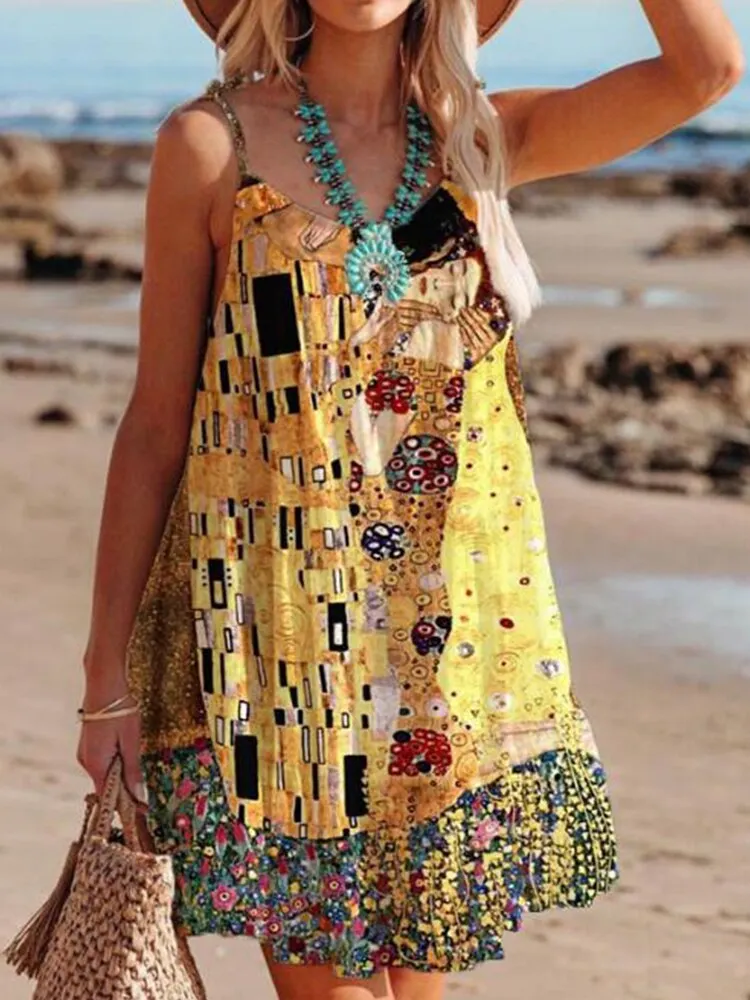 Breakj Spring O Neck Loose Sling Beach Dress Sexy Off Shoulder Hollow Boho Dress Women Retro Pattern Print Patchwork Summer Mini Dress