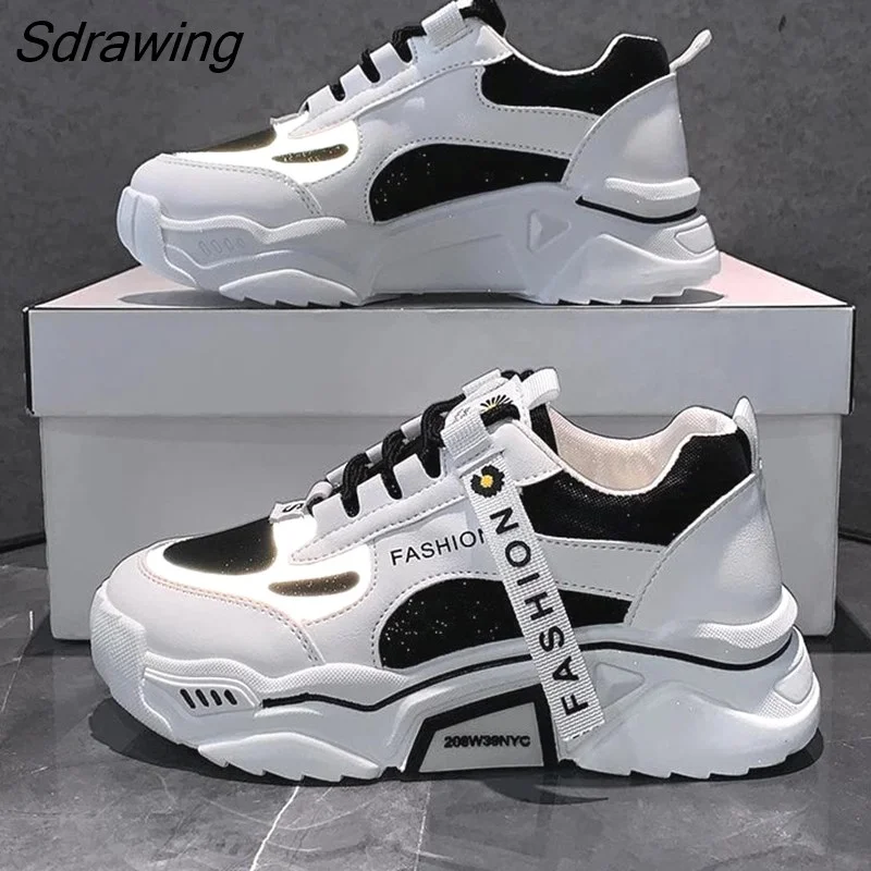Sdrawing Spring Reflective Platform Footwear Women Thick sole Shoes Korean Dad Chunky Sneakers Mixed Color Women's Vulcanize Shoes 328-0