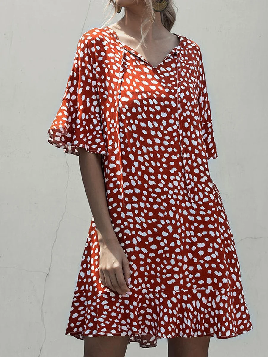 Casual Loose Lace-Up Polka-Dot Print V-Neck Short-Sleeve Dress