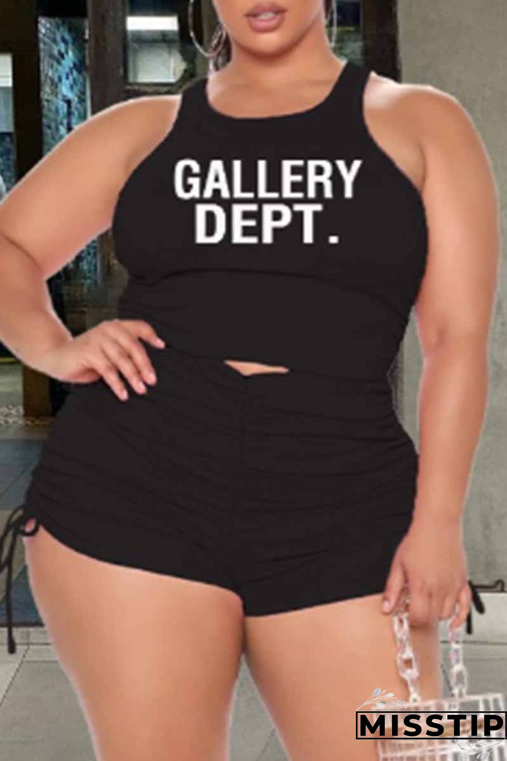 Green Sexy Print Fold Letter O Neck Plus Size Two Pieces