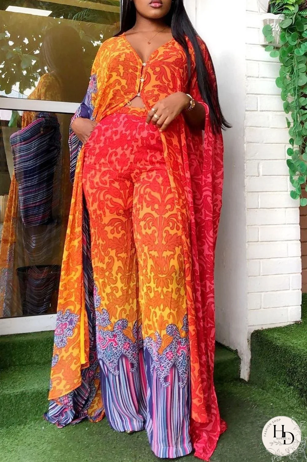 Blue Fashion Casual Print Slit V Neck Long Sleeve Two Pieces