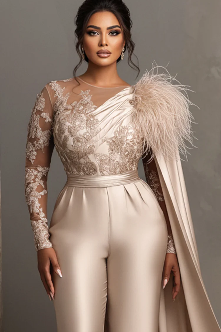Xpluswear Design Plus Size Formal Lace Champagne Round Neck Long Sleeve Feather Elegant See Through Satin Jumpsuits [Pre-Order]