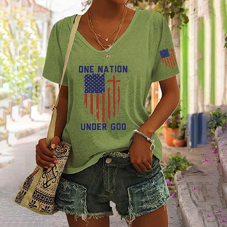 VChics Women's Independence Day Flag One Nation Under God Print Casual T-Shirt