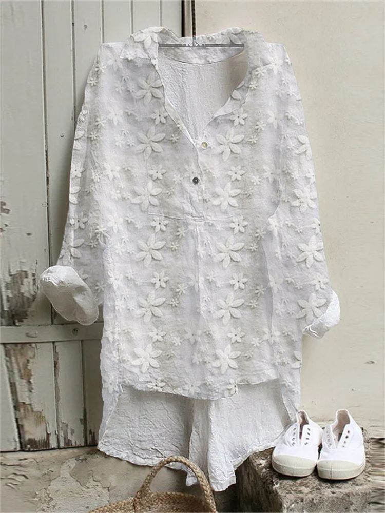 Comstylish Floral Lace Embroidered Linen Blend High Low Tunic