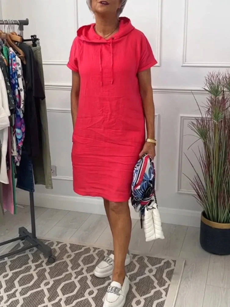Casual Solid Color Short Sleeve Pocket Hooded Dress
