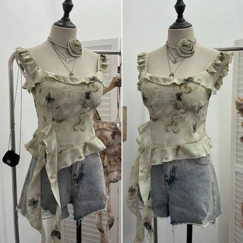 Churchf Real Shoot French Retro Irregular Lotus With Chest Cushions With Ribbon Sling Vest Summer Chiffon Top 9137