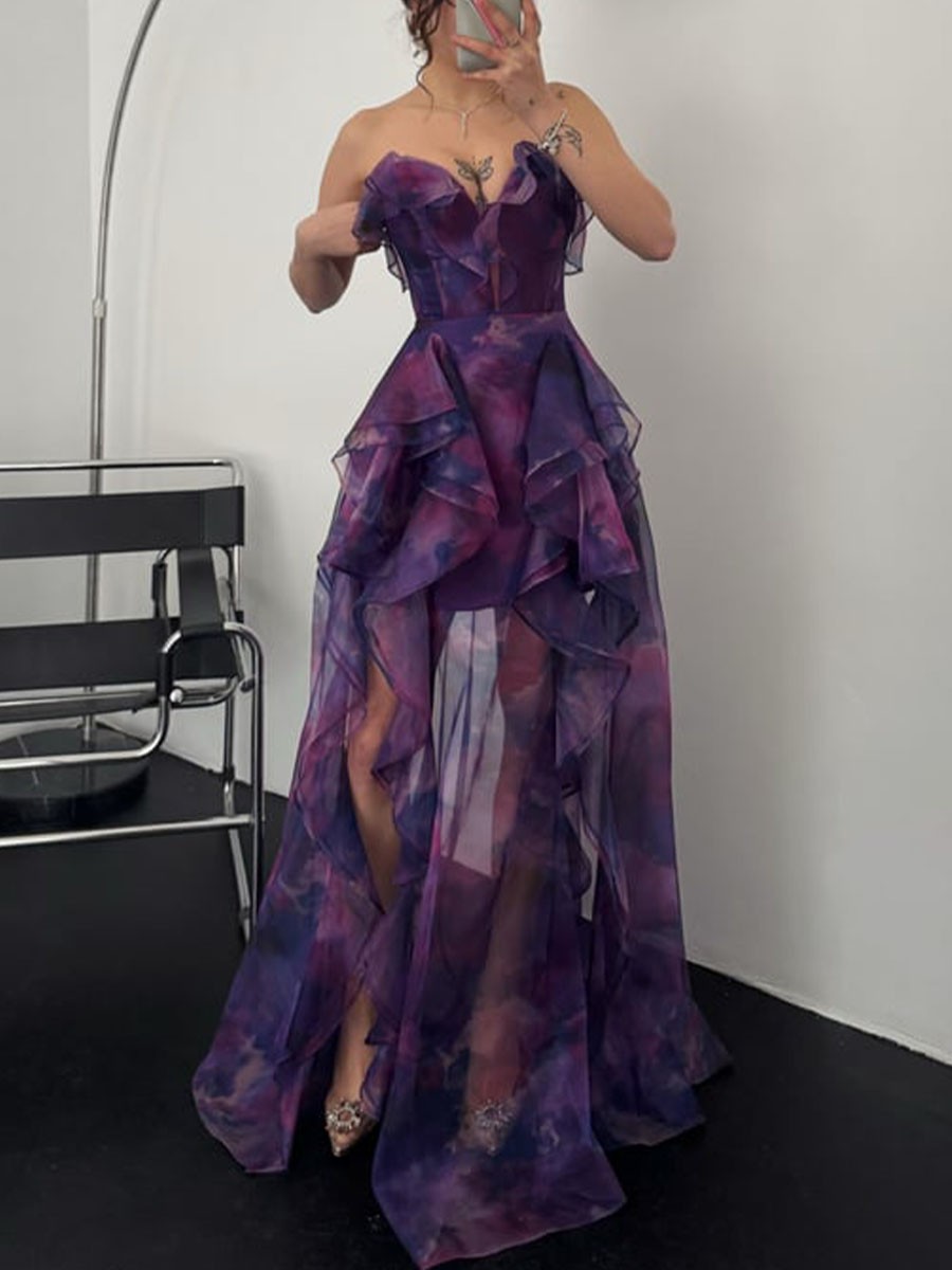 Fantasy ruffled tube top evening dress