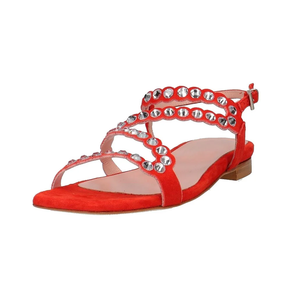 Square Toe Buckled Strappy Red Rhinestone Flat Sandals for Women