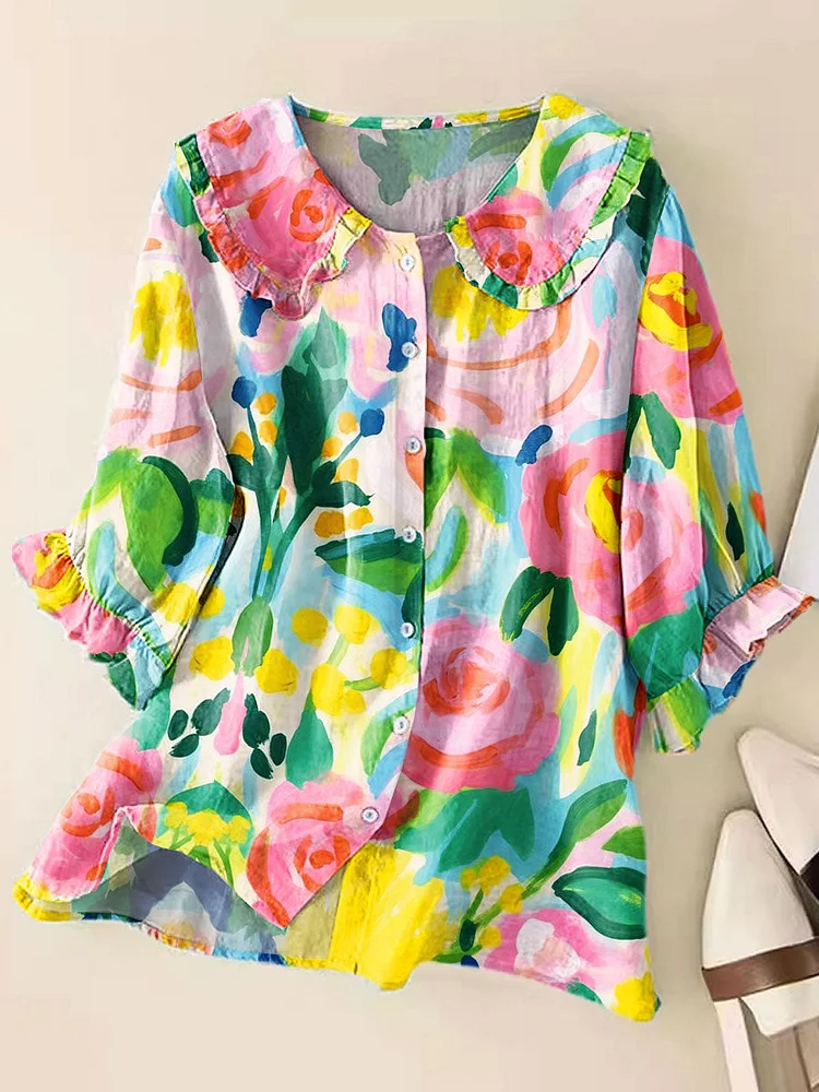 Women Vintage Floral Art Print Peter Pan Collar Half Sleeve Blouses
