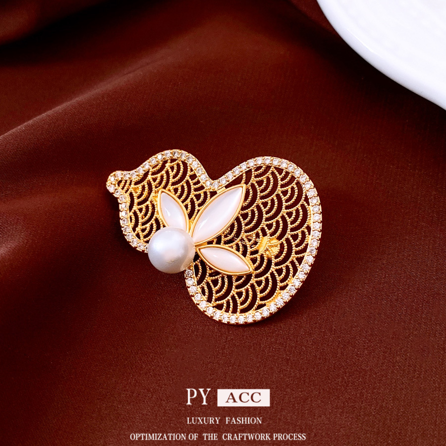 18K real gold plated pearl gourd brooch Chinese style light luxury high-end suit pin exquisite and versatile accessory