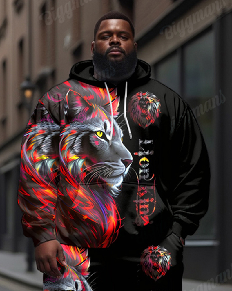 Men's Street Fashion Lion Alphabet Print Plus Size Hoodie Suit