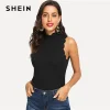 SHEIN Black Elegant Solid Button Scallop Trim Keyhole Back Stand Collar Tank Summer Women Sexy Casual Vest