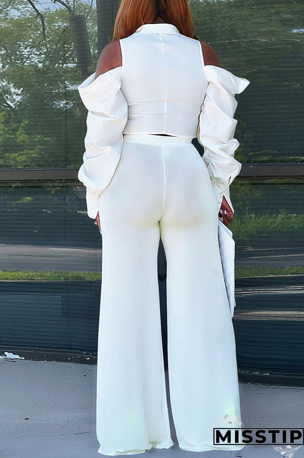 Cream White Casual Solid Patchwork Buckle Turndown Collar Long Sleeve Two Pieces