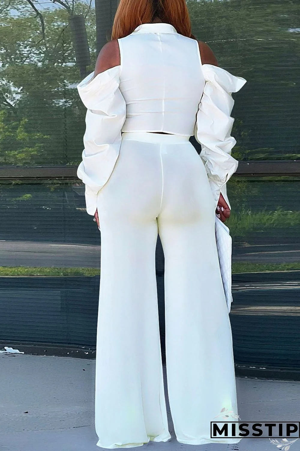 Cream White Casual Solid Patchwork Buckle Turndown Collar Long Sleeve Two Pieces