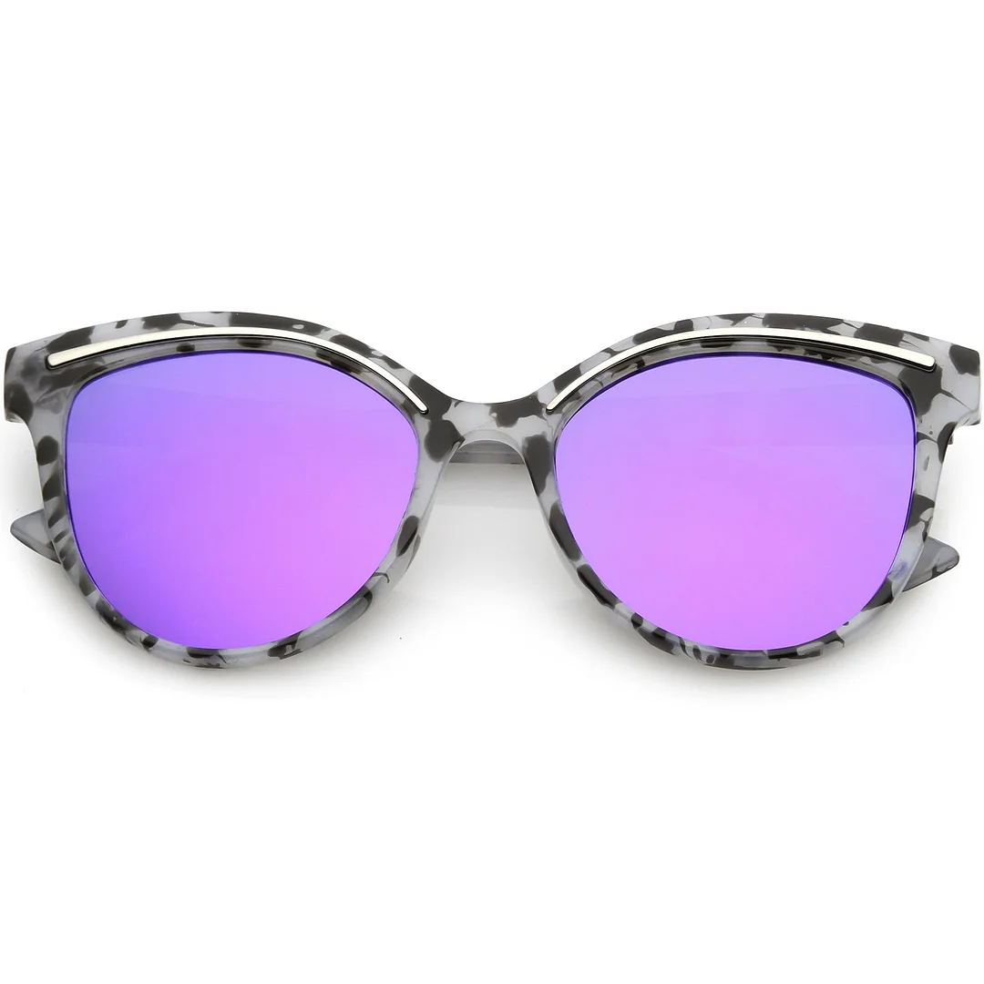 Modern Cat Eye glasses Metal Brow Detail Round Colored Mirror Flat Lens 53mm