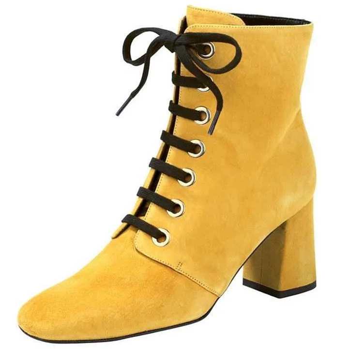 Mustard Round Toe Chunky Heel Boots Lace Up Ankle Boots |FSJ Shoes