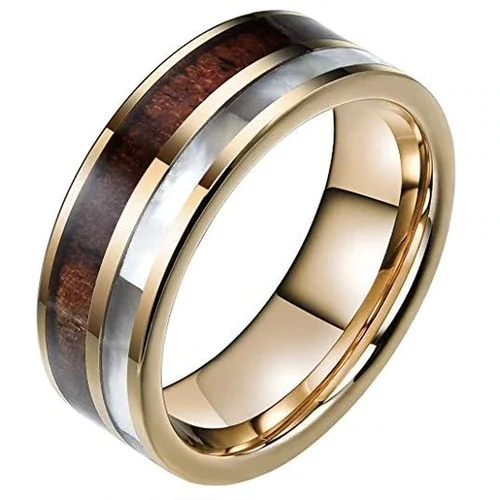 Women's Or Men's Wedding Tungsten Carbide Wedding Band Matching Rings,Yellow Gold Band with White Shell and Wood Inlay. Comfort Fit Tungsten Carbide Pipe Cut Ring With Mens And Womens For Width 4MM 6MM 8MM 10MM