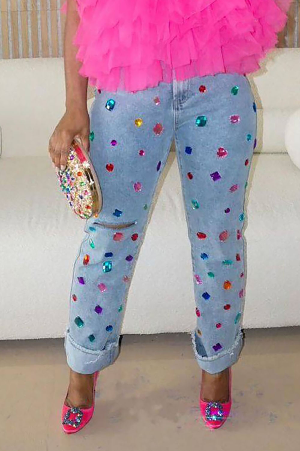 Plus Size Casual Jean Blue Denim Skinny Rhinestone Ripped Jean