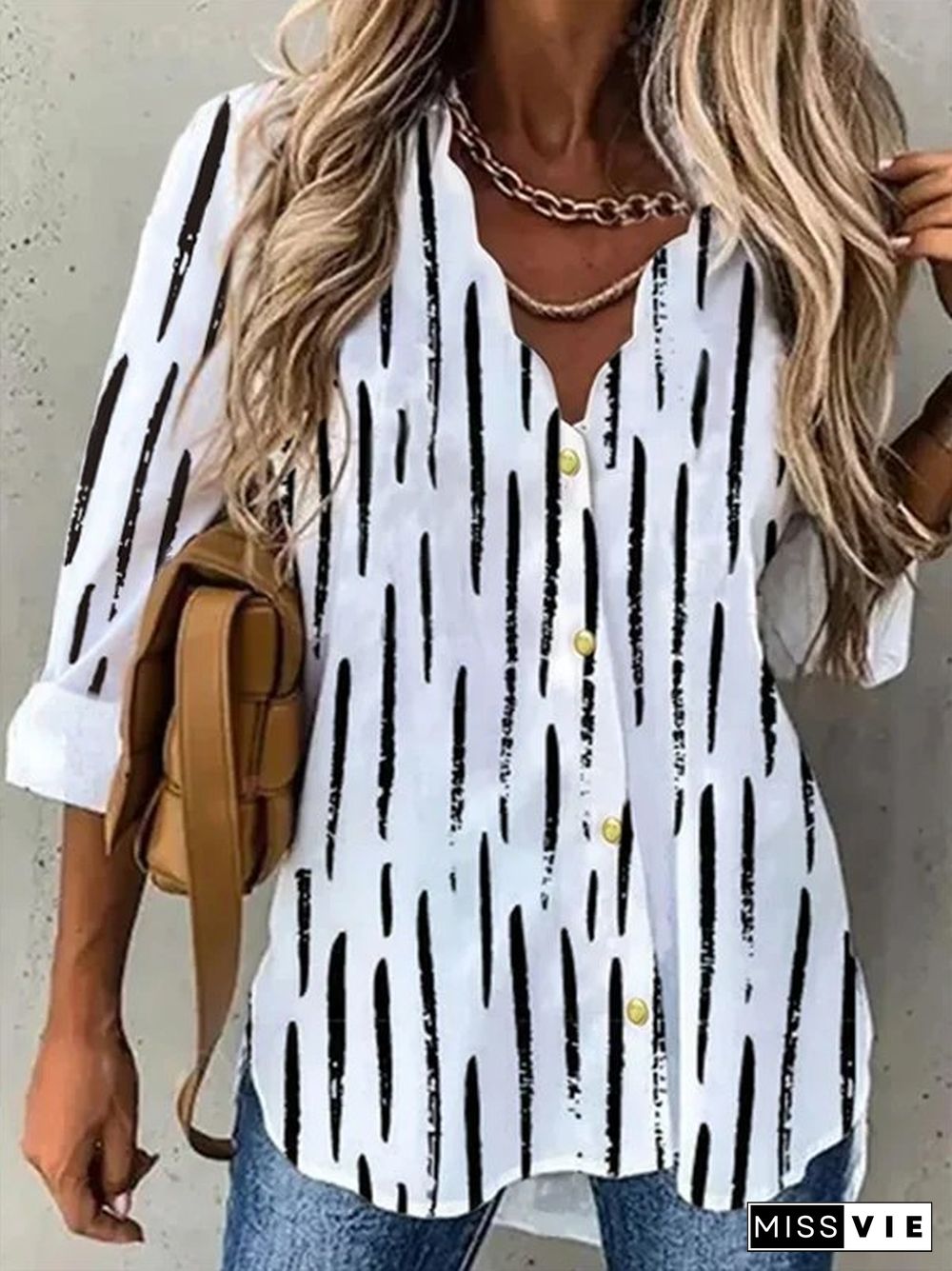 V Neck Striped Long Sleeve Casual Blouse