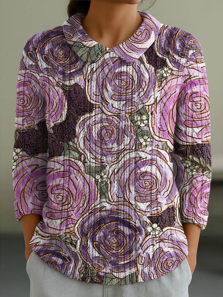Women's Vintage Floral Art Print Casual Peter Pan Collar 3/4 Sleeve Sweater