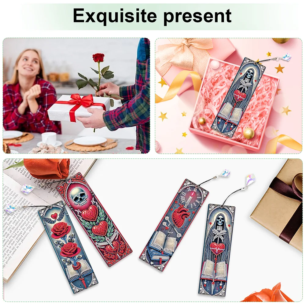 4Pcs Skull Rose Themed DIY Diamond Painting Bookmark for Reading Enthusiasts