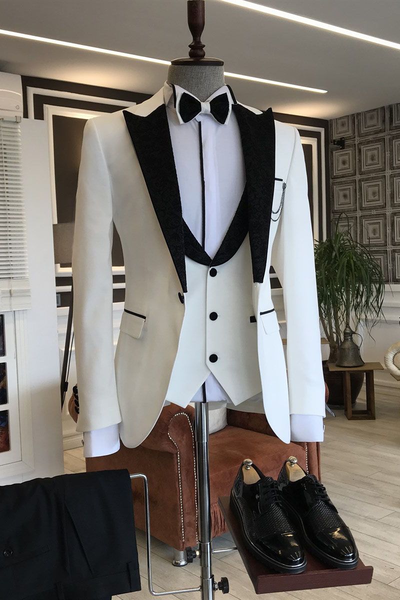 Dresseswow Handsome With Three Piecess White Party Prom Suits For Man Black Peaked Lapel