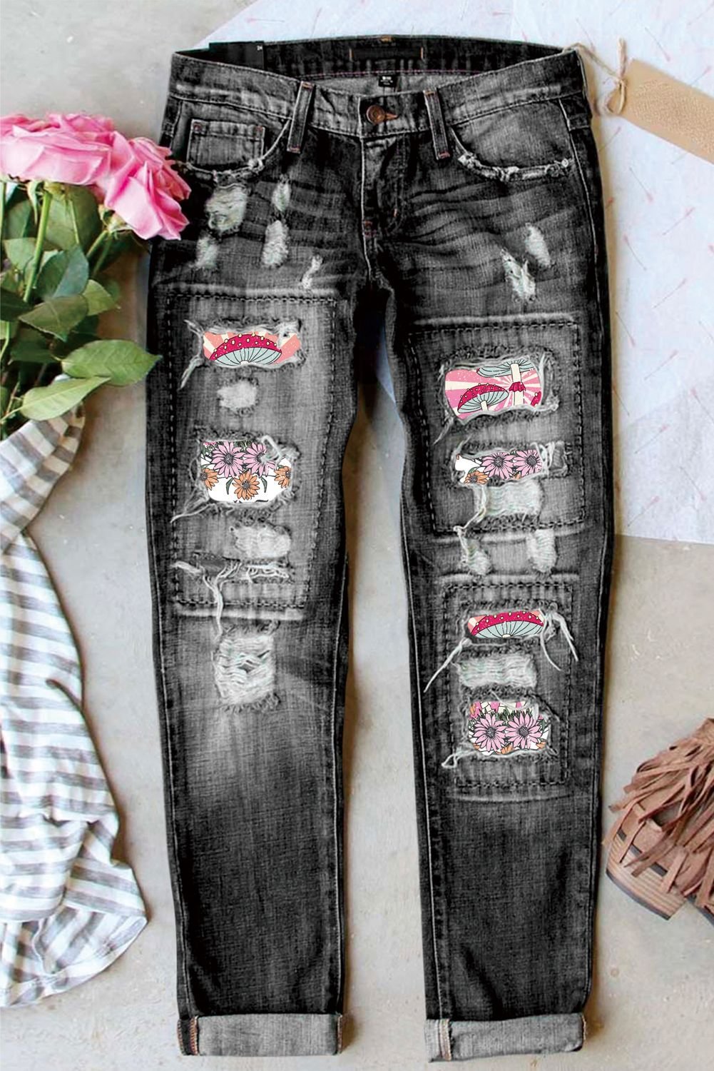 Mushroom Floral Graphic Print Mid Waist Ripped Jeans