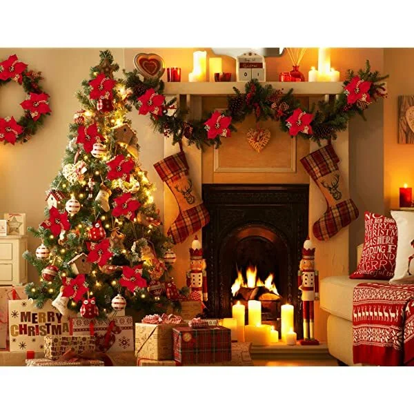 🔥kukelife🔥Christmas-Artificial Christmas flowers decorations xmas tree ornaments red glitter gold with clips