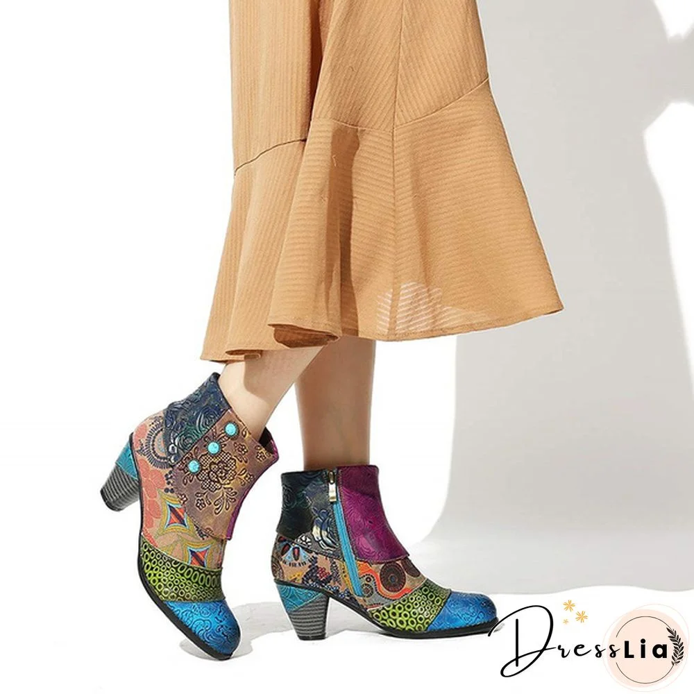 Ladies Fashion Round Toe Patent Leather High Thick Heel Stitching Casual Side Zipper Martin Boots