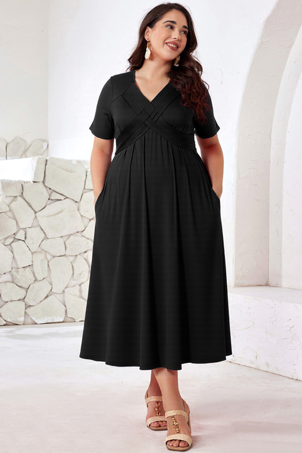 Plus Size Formal Black Crossover V Neck Pocket Midi Dress 2024 - Flycurvy 