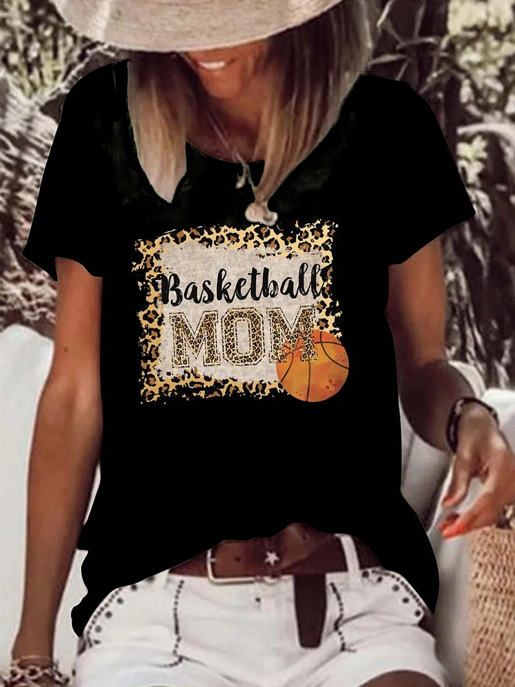 Basketball Mom  Leopard Raw Hem Tee-Annaletters