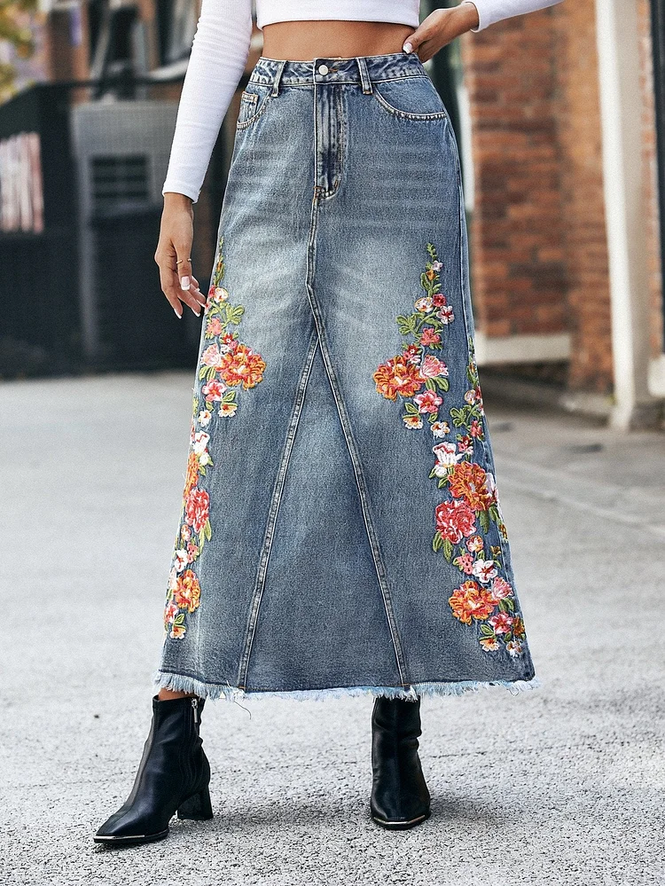 Vintage A- Line Denim Skirt Embroidered Skirt Loose Slim Look