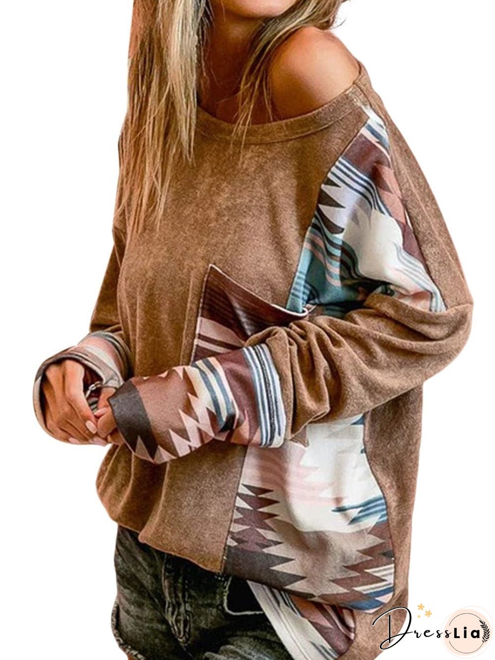 Cozy Brown Aztec Print Patched Pocket Long Sleeve Shirt