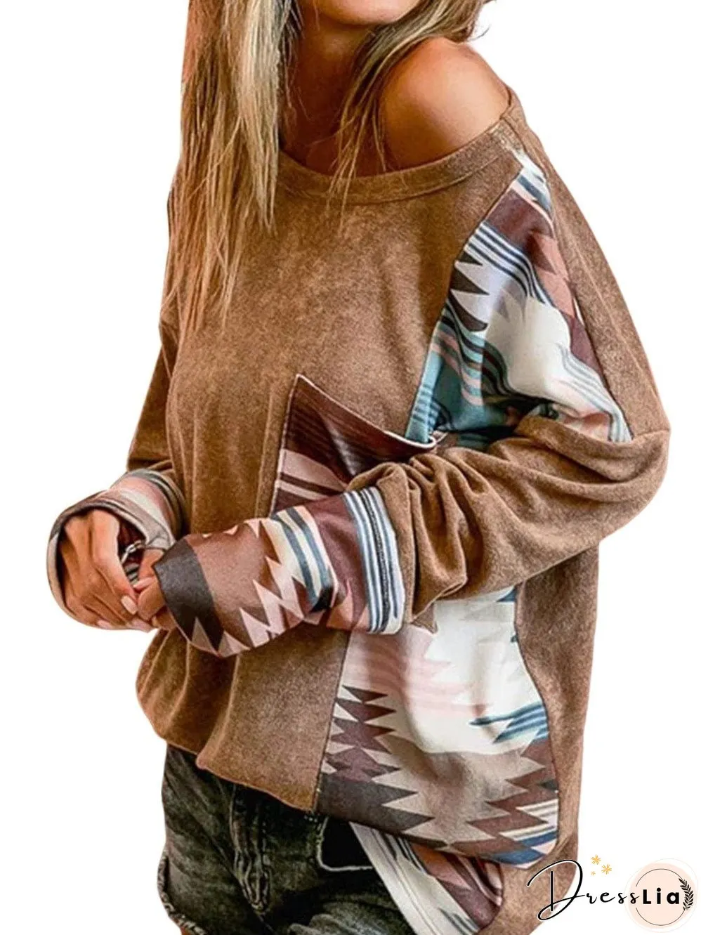 Cozy Brown Aztec Print Patched Pocket Long Sleeve Shirt