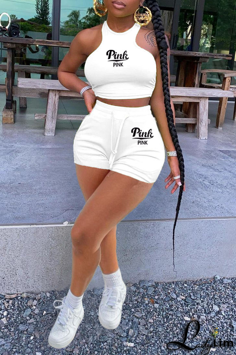 White Fashion Print Patchwork O Neck Sleeveless Two Pieces