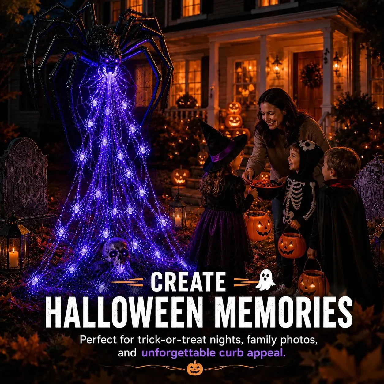 Family enjoying trick or treating beside the giant glowing spider web Halloween yard display